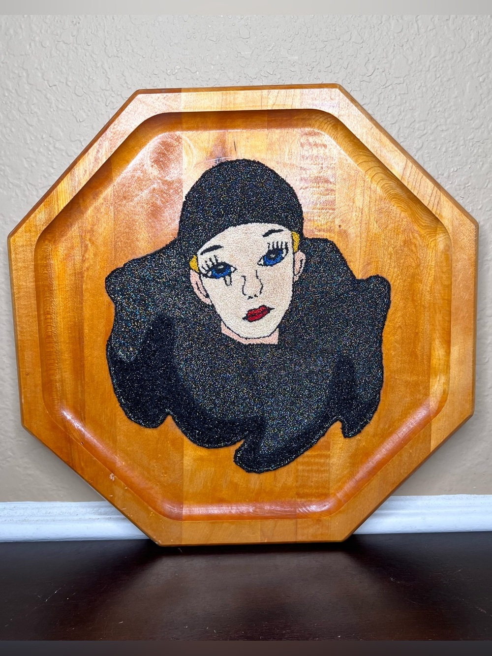Vintage 1980s French Pierrot Clown Decor, Glitter Applique Tray